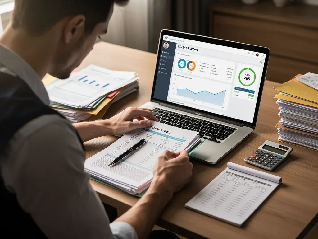 Person reviewing credit report and managing finances