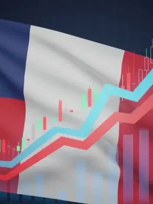 French flag with financial charts representing the 2026 credit reform package and interest cap adjustment.