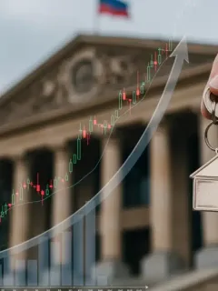 Hand holding a house key with ECB building and rising interest rates in background, symbolizing French mortgage market changes.
