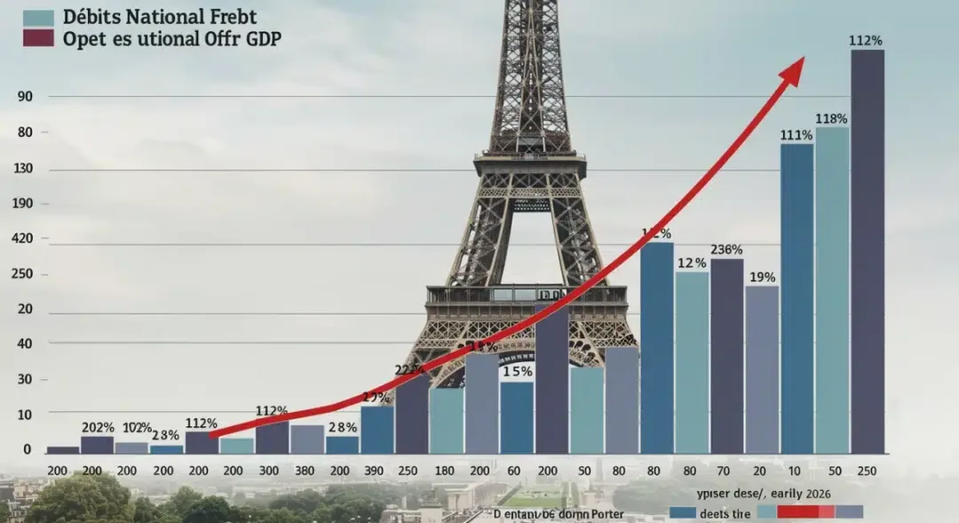 Graph illustrating France's national debt rising to 112% of GDP by early 2026, with Parisian landmarks.