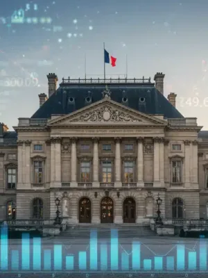 French Parliament building with financial data overlay, symbolizing the approval of the 2026 budget.