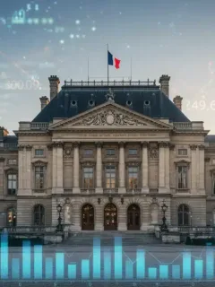 French Parliament building with financial data overlay, symbolizing the approval of the 2026 budget.