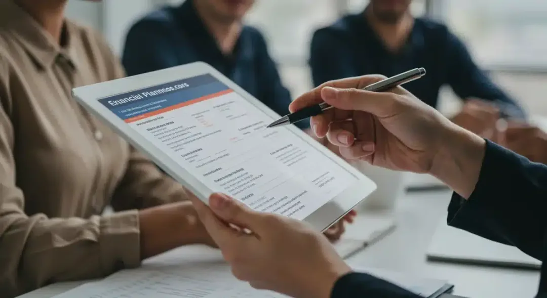Hands reviewing a digital financial planning document with French text, symbolizing practical application.