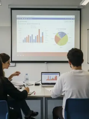 Adults learning about financial literacy in a modern classroom, with a French flag in the background.