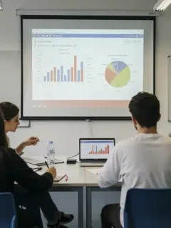 Adults learning about financial literacy in a modern classroom, with a French flag in the background.