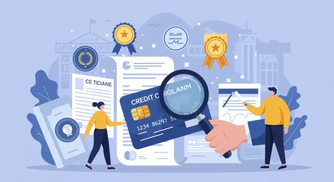 Person examining credit products with a magnifying glass, surrounded by financial certification badges.