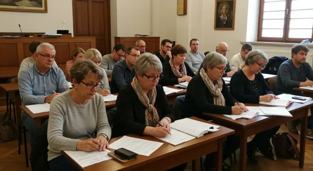 Adults participating in a community financial literacy workshop in France.