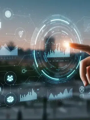 Holographic financial interface representing French fintech innovations in personal finance management.