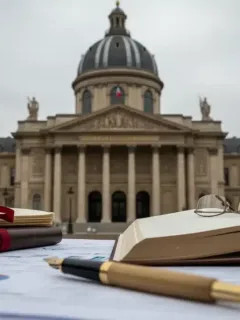 French Parliament building and legislative documents, symbolizing new consumer credit regulations debate.