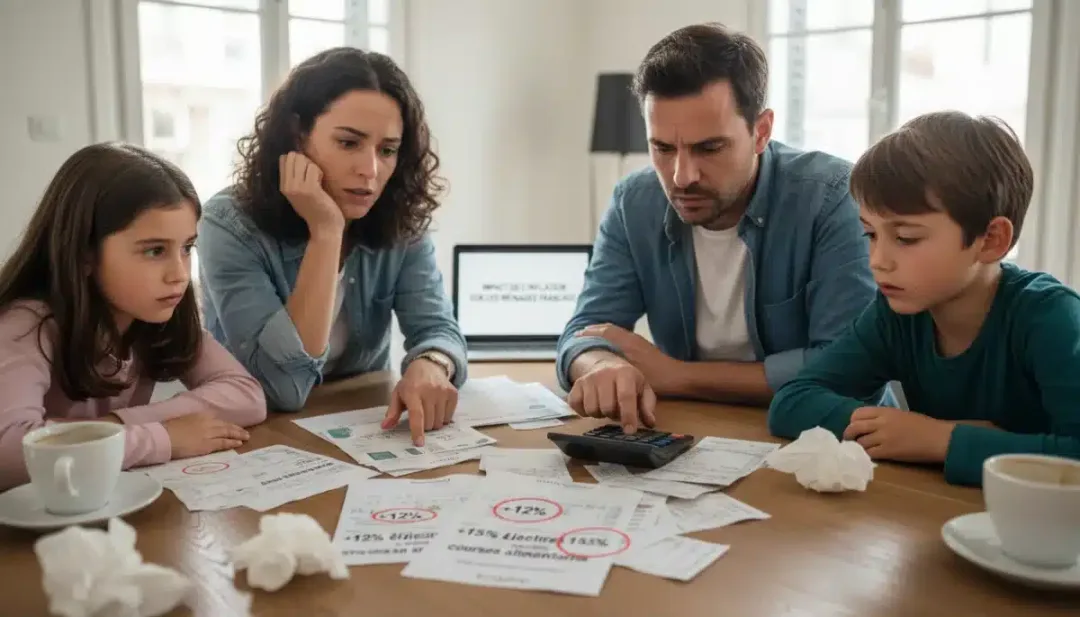 Concerned French family reviewing household bills, symbolizing inflation's impact on expenses.