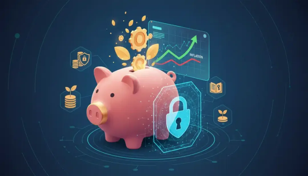 Financial planning tools like a piggy bank and charts demonstrating savings strategies against inflation.