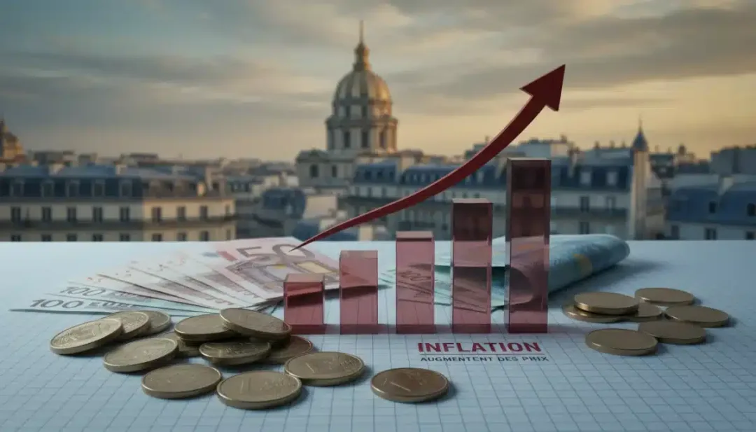 Euro coins and banknotes with an upward trend graph representing inflation in France.