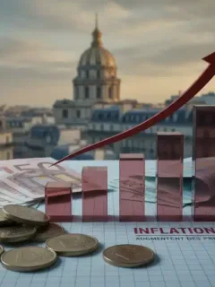 Euro coins and banknotes with an upward trend graph representing inflation in France.