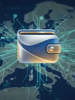 Stylized digital wallet with EU and France map background