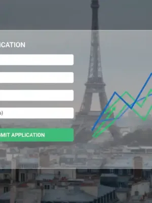 Digital loan application interface with upward trend graphs, symbolizing growth in French online banking.