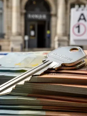 House key on euro banknotes with a French bank in the background, symbolizing new mortgage rates.