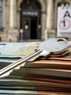 House key on euro banknotes with a French bank in the background, symbolizing new mortgage rates.