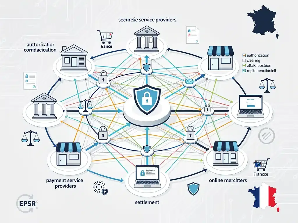 Interconnected payment systems network with security protocols for EPSR compliance in France.