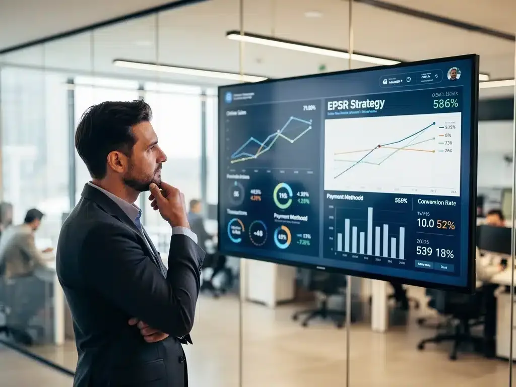Business professional analyzing online sales and payment data for EPSR strategic adjustments.