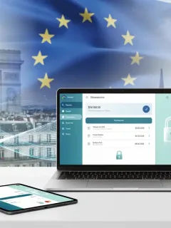 Digital payment interface with EU flag and French landmarks, representing EPSR impact on French online transactions.