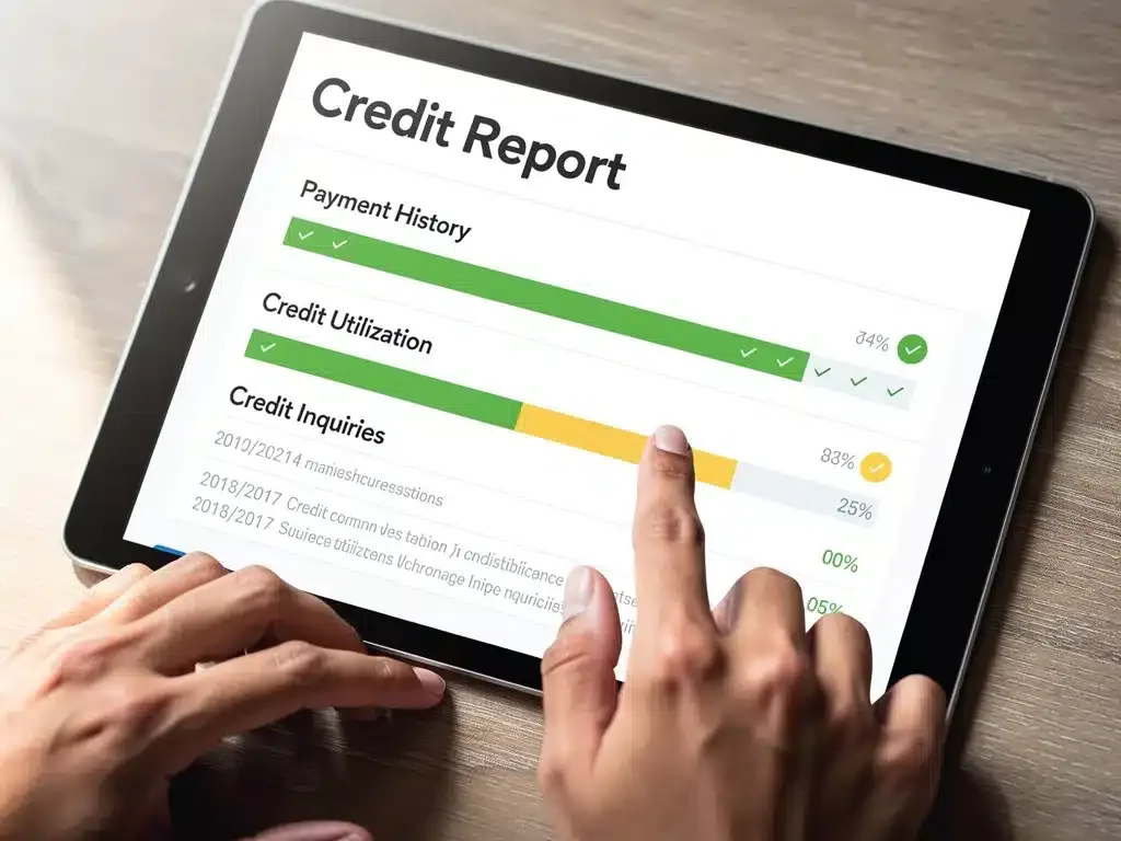 Credit report on a digital device, highlighting payment history and credit utilization details