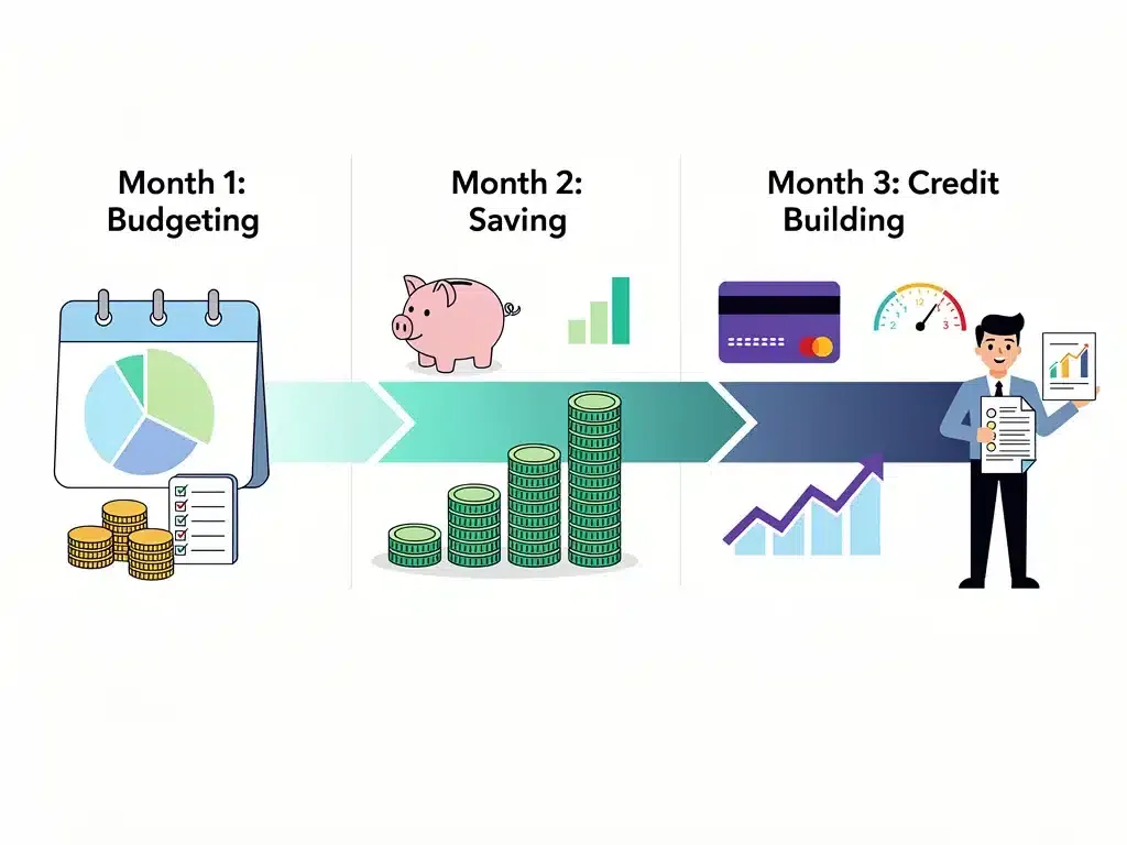Infographic illustrating a 3-month financial literacy curriculum timeline with key topics