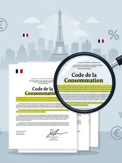 French legal documents and financial symbols with a magnifying glass, illustrating consumer credit law analysis in France.