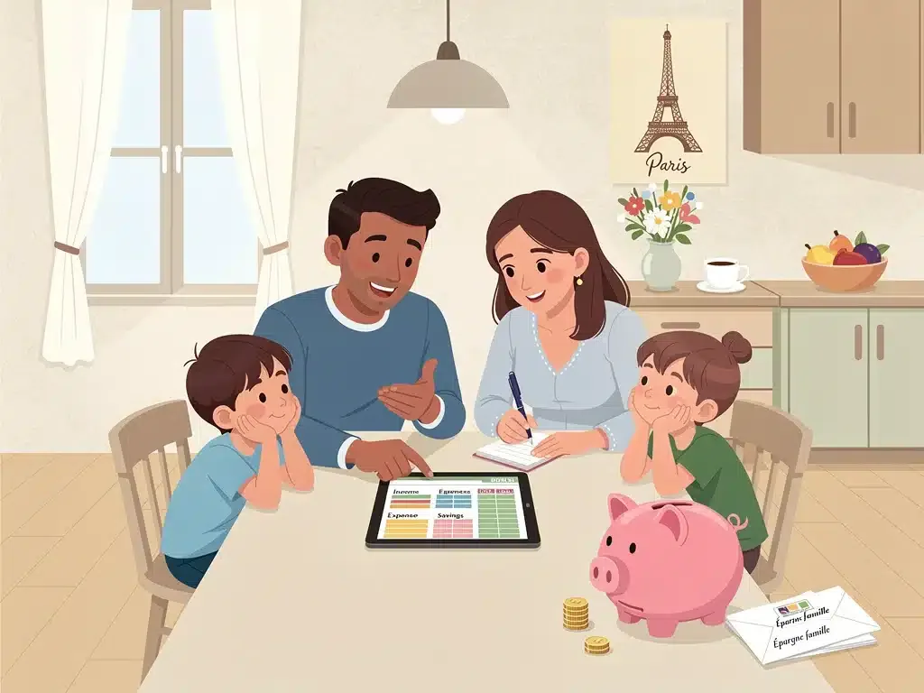 French family reviewing their household budget on a tablet, planning for financial changes.