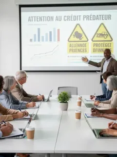 French consumers learning about predatory lending at an educational workshop.