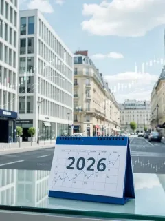 Modern French architecture with financial data overlay, representing 2026 mortgage regulations.