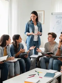 French teenagers learning financial prudence with a parent, discussing budgeting and savings. financial prudence.