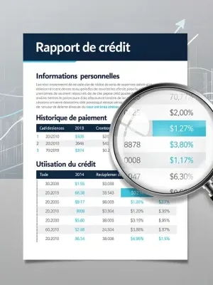 Detailed French credit report document with highlighted sections and data analysis tools