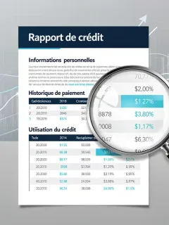 Detailed French credit report document with highlighted sections and data analysis tools