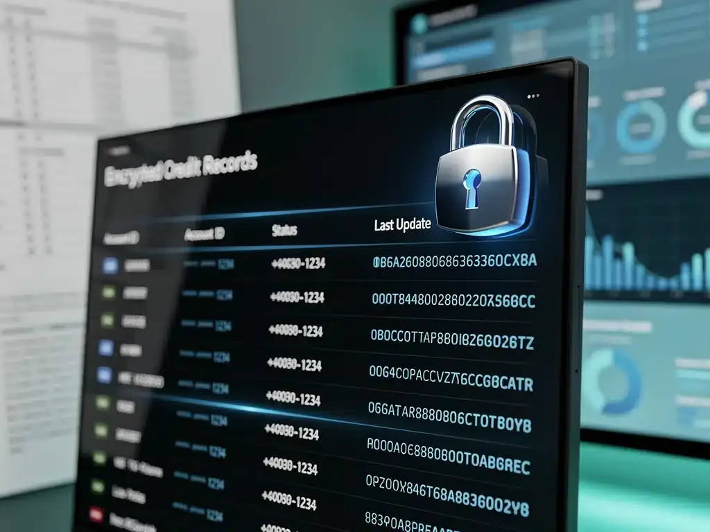Digital ledger showing encrypted consumer credit data entries, emphasizing enhanced security.