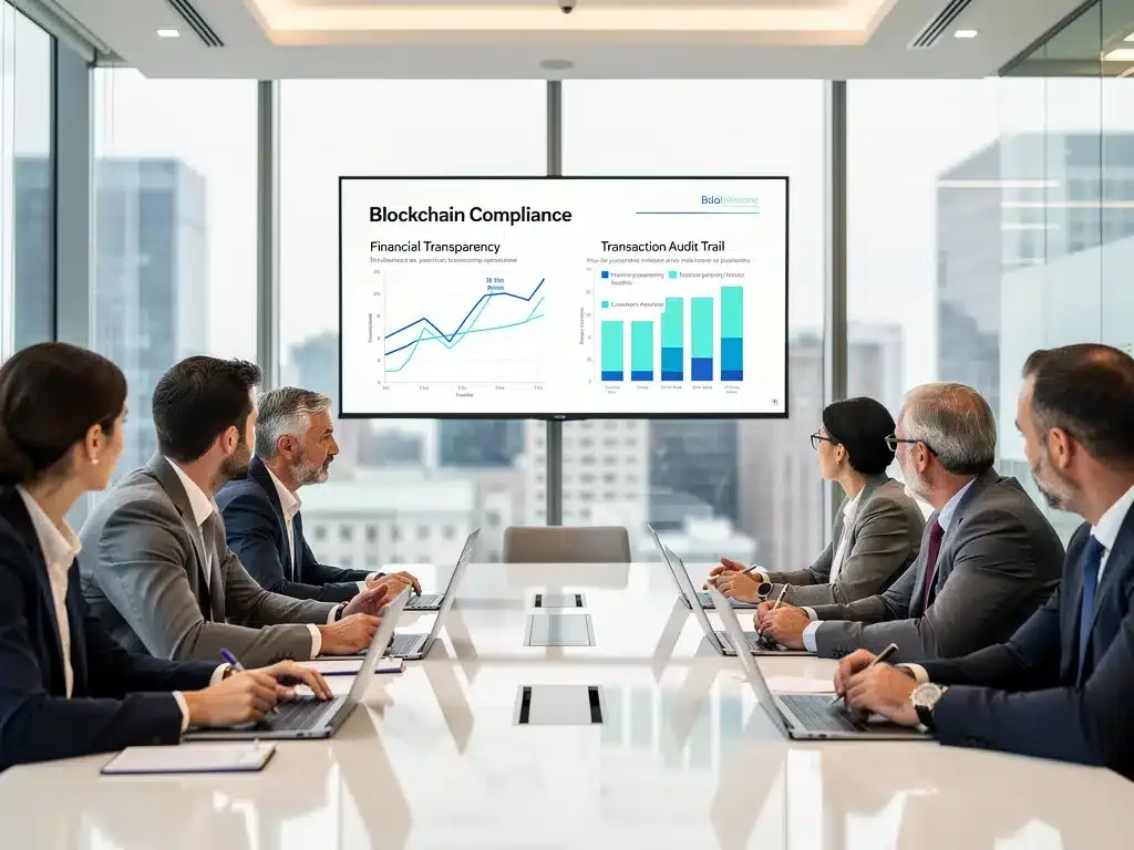 Financial professionals and regulators discussing blockchain technology and regulatory implications in a conference.