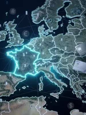 Blockchain network overlaying European map with France highlighted, symbolizing transparent credit data flow.