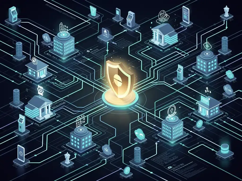 Complex digital banking network with integrated cybersecurity shield.