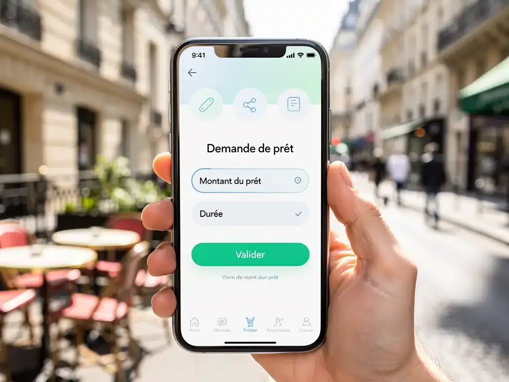 Smartphone displaying a streamlined loan application interface in a French urban setting.