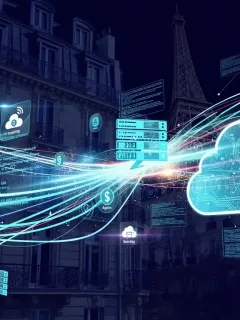 Digital streams connecting financial data, representing API-driven lending in France.