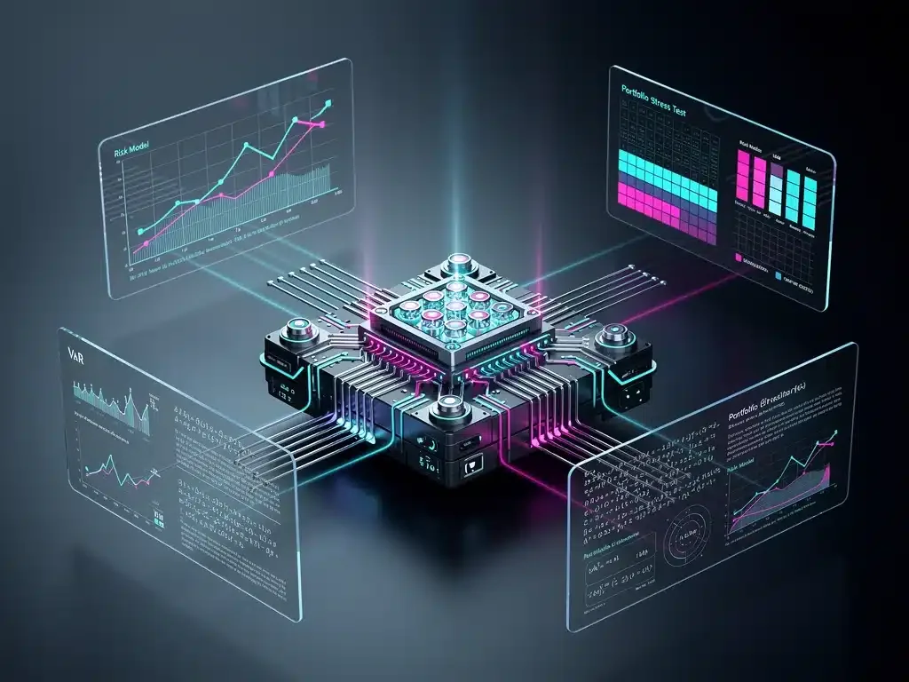 Advanced quantum processor analyzing intricate financial algorithms for risk assessment.