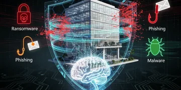 AI-powered cybersecurity shield protecting a small business network from cyber threats