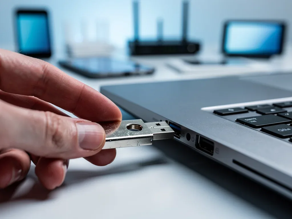 User inserting hardware security key into laptop