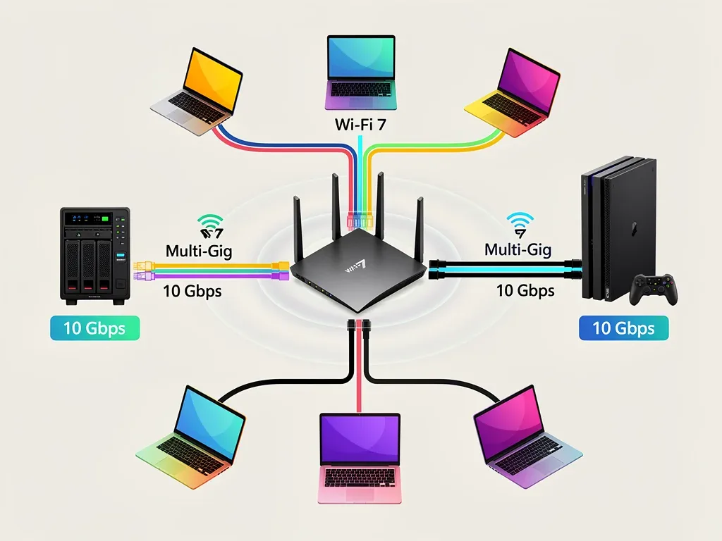 Diagram of a multi-gigabit home network with a central Wi-Fi 7 router and connected devices.