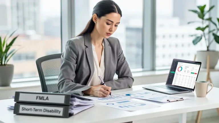 Woman reviewing FMLA and short-term disability documents for pay preservation