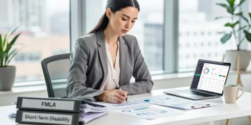 Woman reviewing FMLA and short-term disability documents for pay preservation