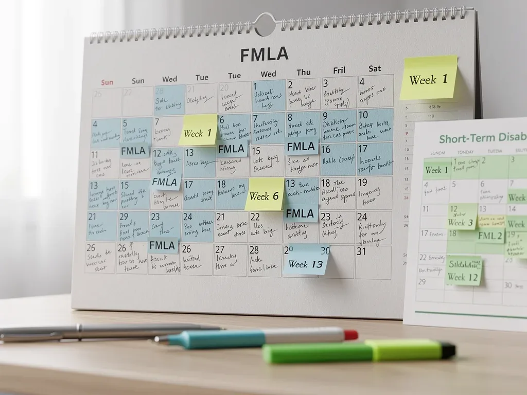 Calendar highlighting 12 weeks of FMLA and short-term disability timelines