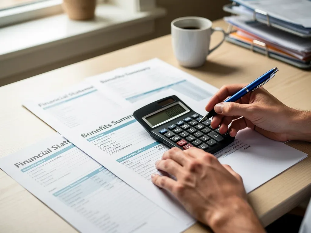 Hands calculating benefits with financial documents during FMLA and STD leave