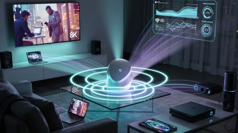 Wi-Fi 7 router with multiple devices connected, illustrating advanced wireless technology and low latency.