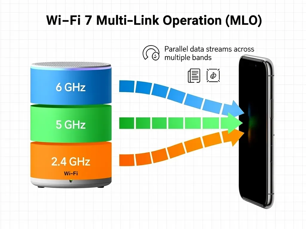 Diagram of Wi-Fi 7 Multi-Link Operation (MLO) showing simultaneous data transmission across multiple bands.