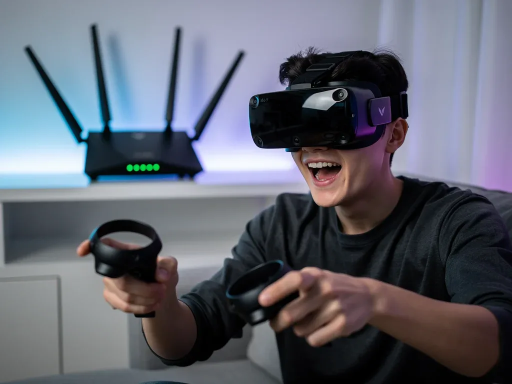 Person using VR headset with Wi-Fi 7 router, depicting low-latency gaming and immersive experiences.